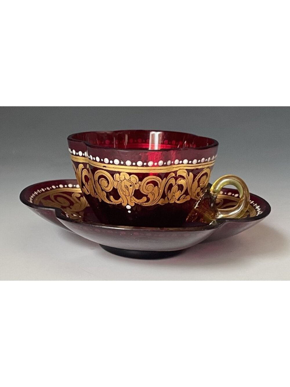 Antique Bohemian Enameled Ruby Red Glass Teacup Cup & Saucer Nouveau